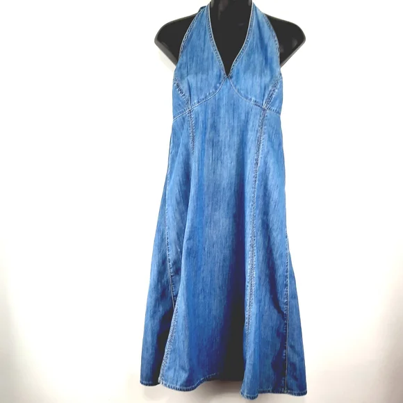 ❤️ Stunning Blue Denim 70,s HalterSummer  Dress - Picture 4 of 13